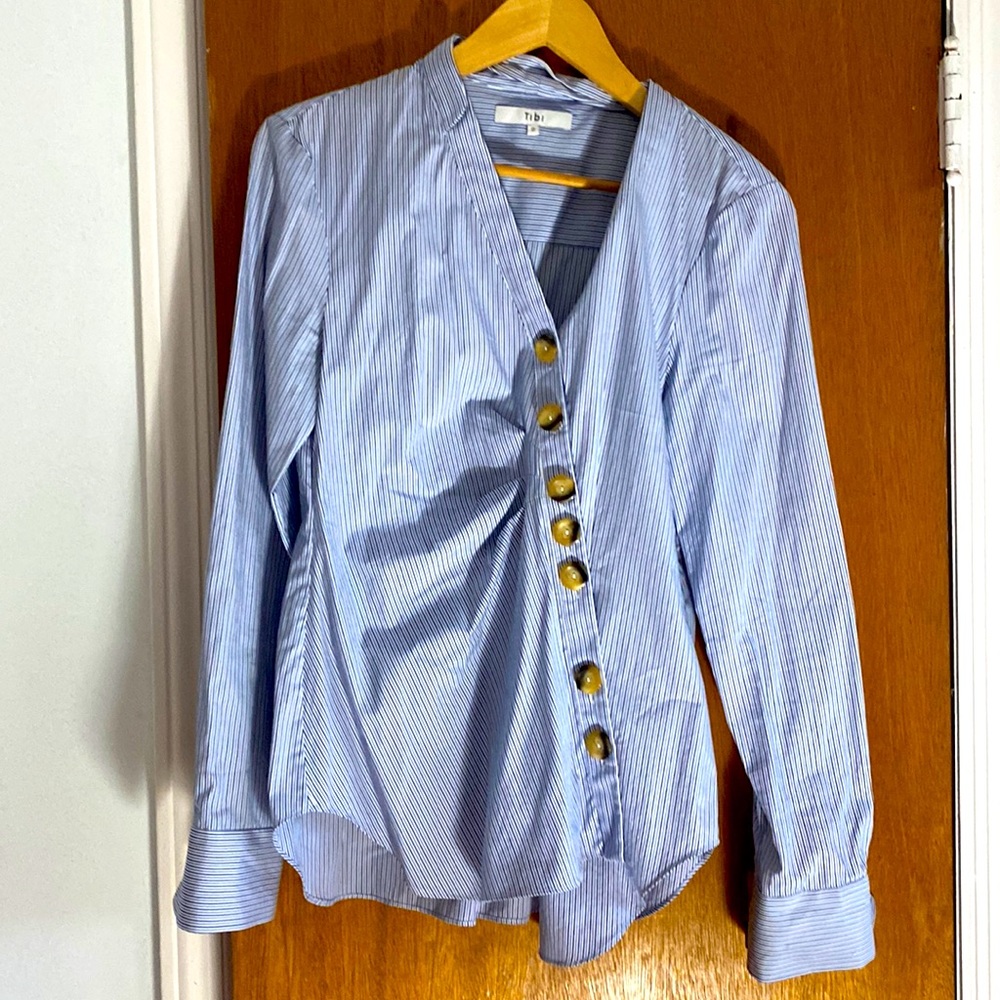 Tibi blue striped asymmetric button-down with tortoise shell buttons